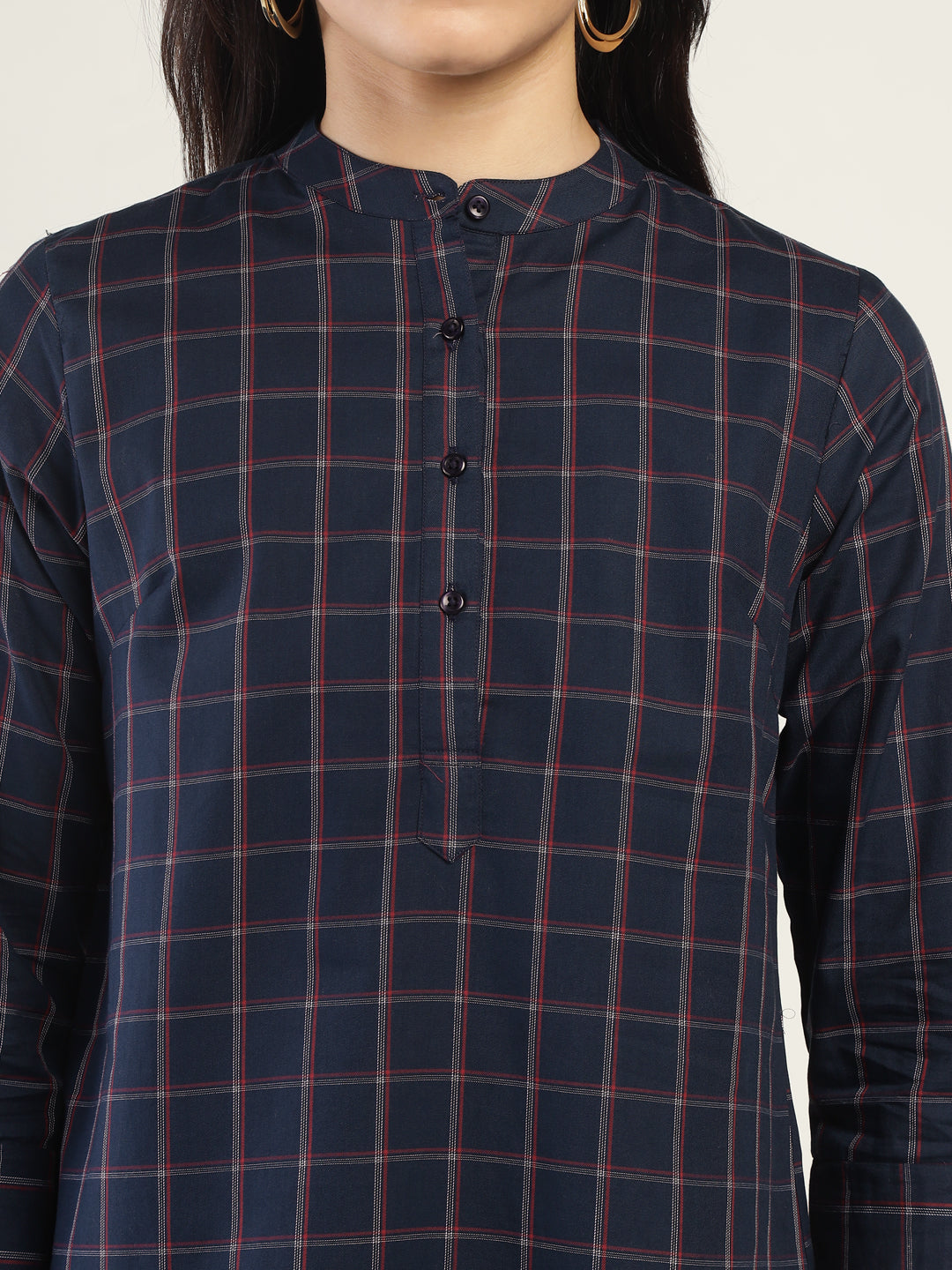 Hancock Women Navy Blue Checked Pure Cotton Regular Fit Formal Top