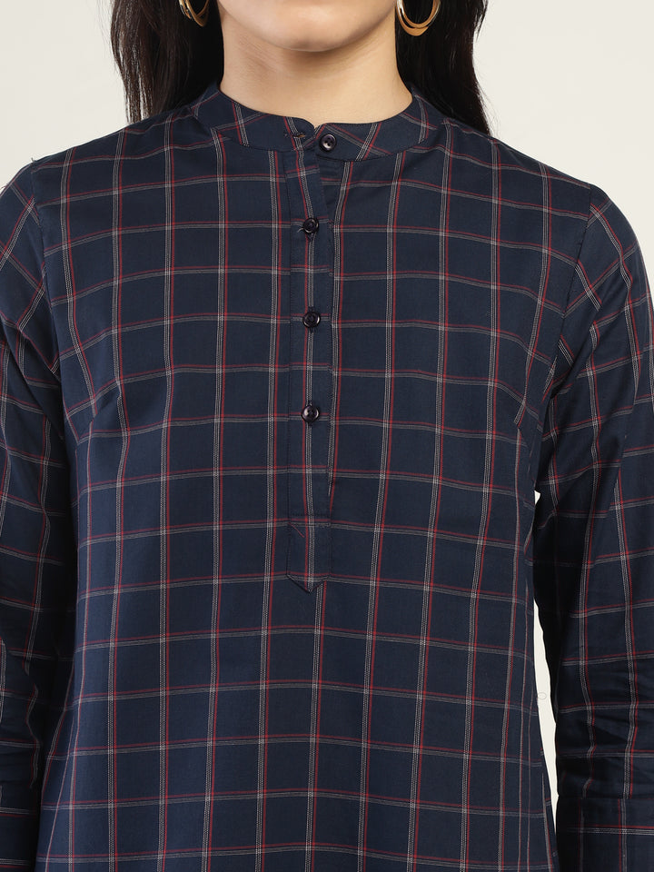 Hancock Women Navy Blue Checked Pure Cotton Regular Fit Formal Top