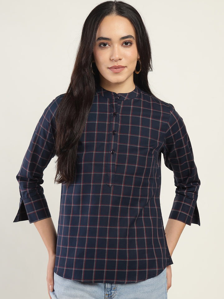 Hancock Women Navy Blue Checked Pure Cotton Regular Fit Formal Top