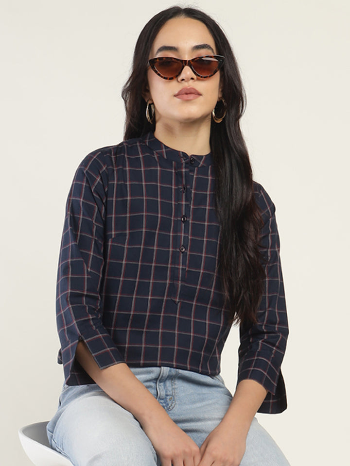 Hancock Women Navy Blue Checked Pure Cotton Regular Fit Formal Top