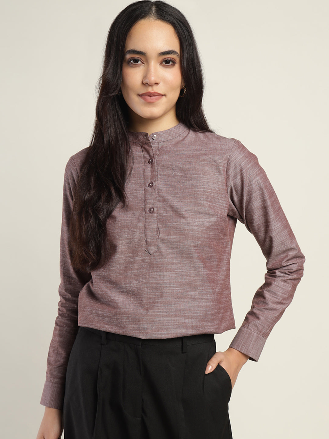 Hancock Women Brown Solid Pure Cotton Regular Fit Formal Top