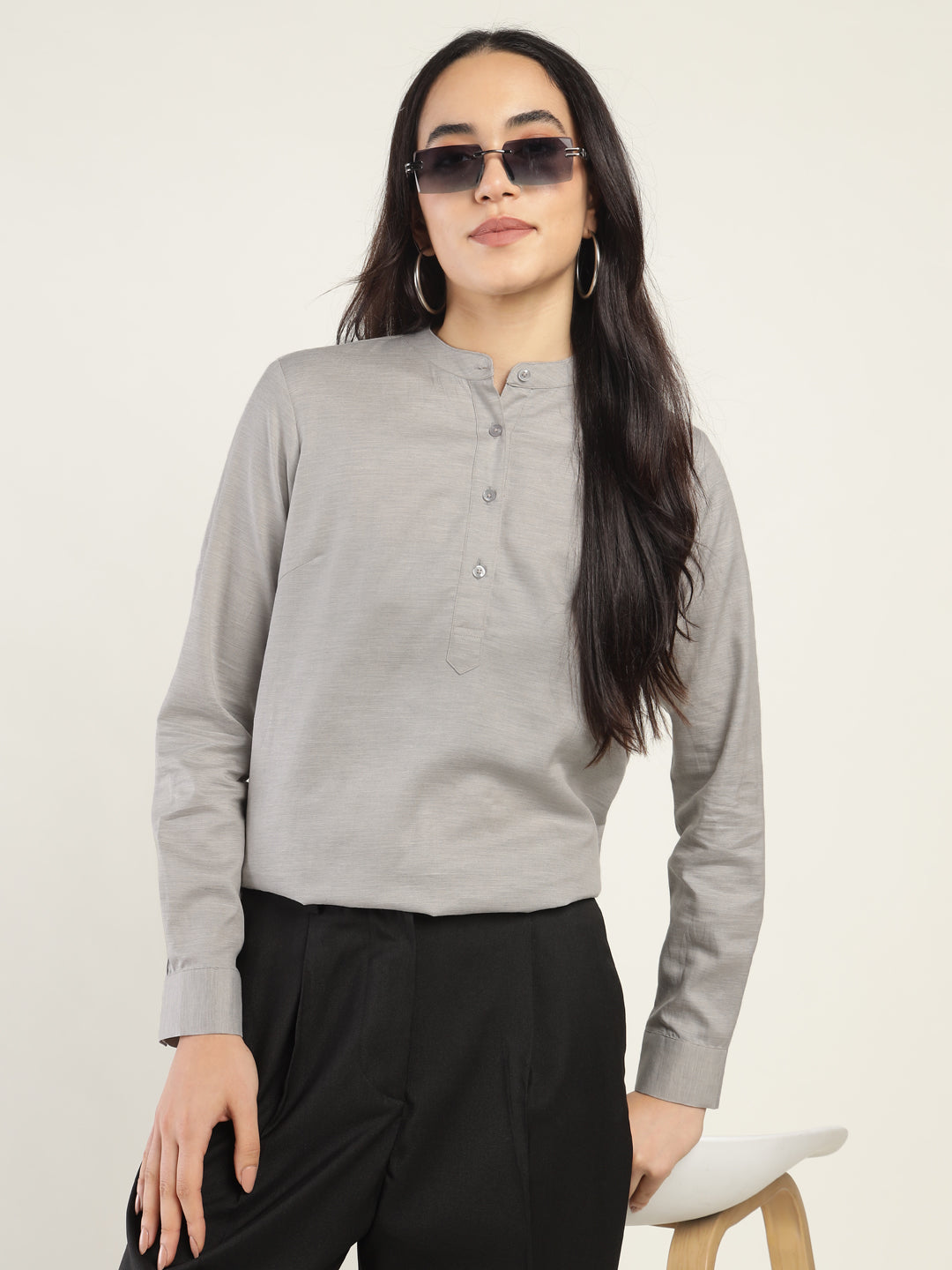 Hancock Women Grey Solid Pure Cotton Regular Fit Formal Top