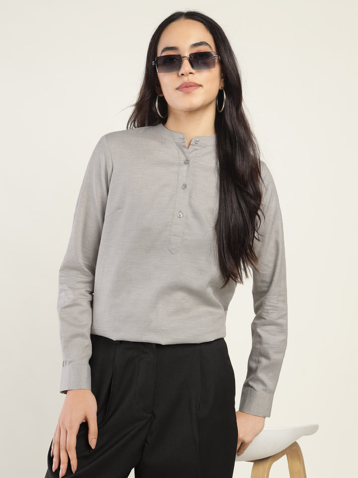 Hancock Women Grey Solid Pure Cotton Regular Fit Formal Top