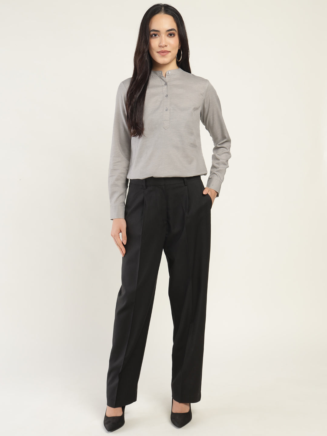 Hancock Women Grey Solid Pure Cotton Regular Fit Formal Top