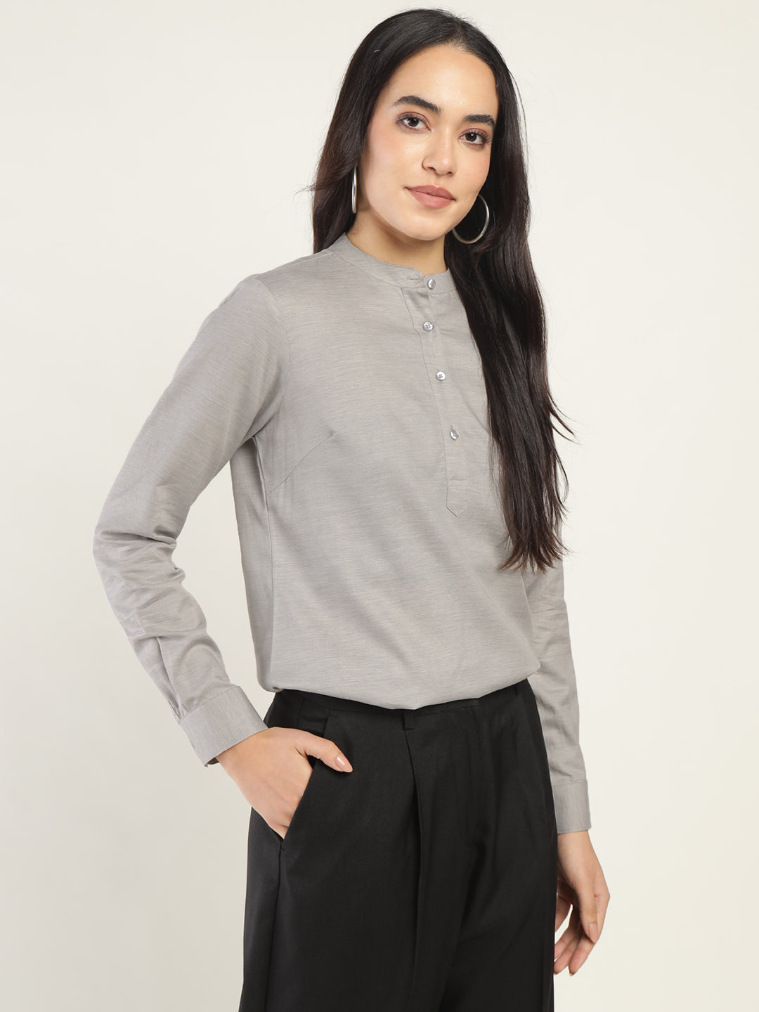 Hancock Women Grey Solid Pure Cotton Regular Fit Formal Top