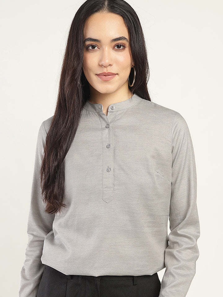 Hancock Women Grey Solid Pure Cotton Regular Fit Formal Top