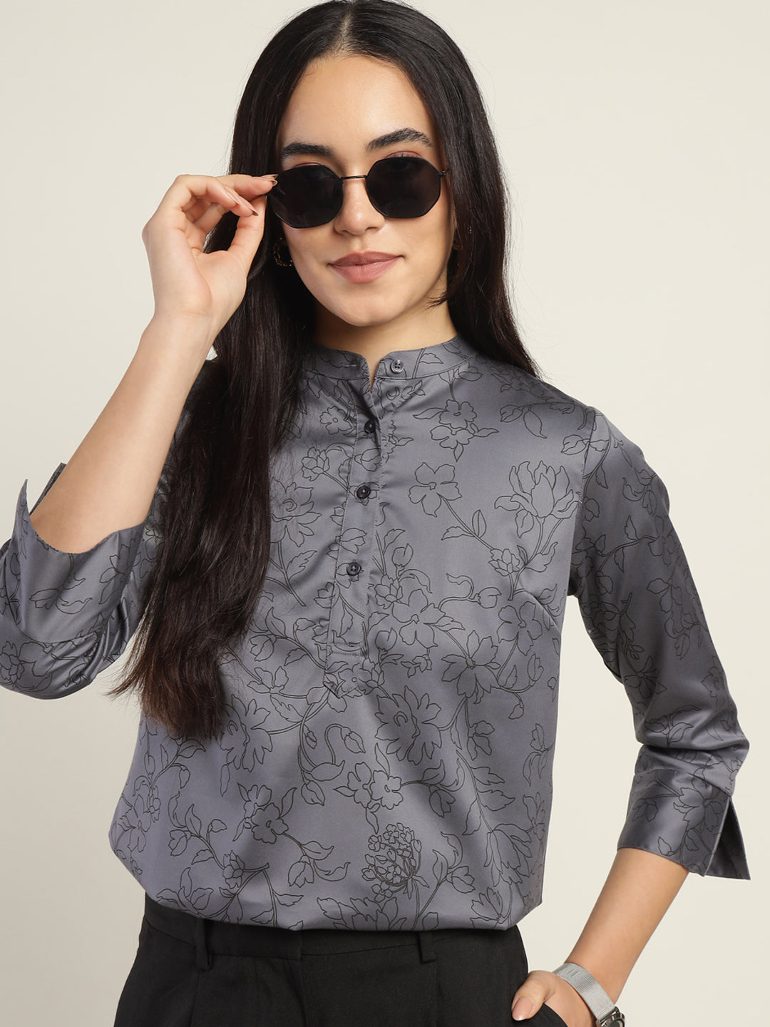 Hancock Women Grey Printed Pure Cotton Regular Fit Formal Top