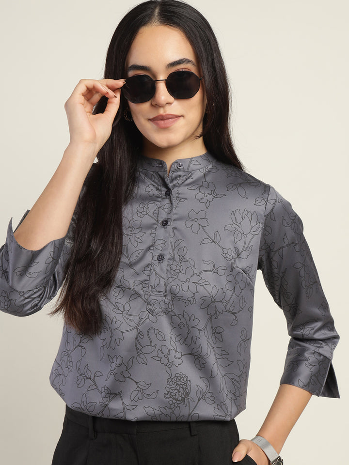 Hancock Women Grey Printed Pure Cotton Regular Fit Formal Top