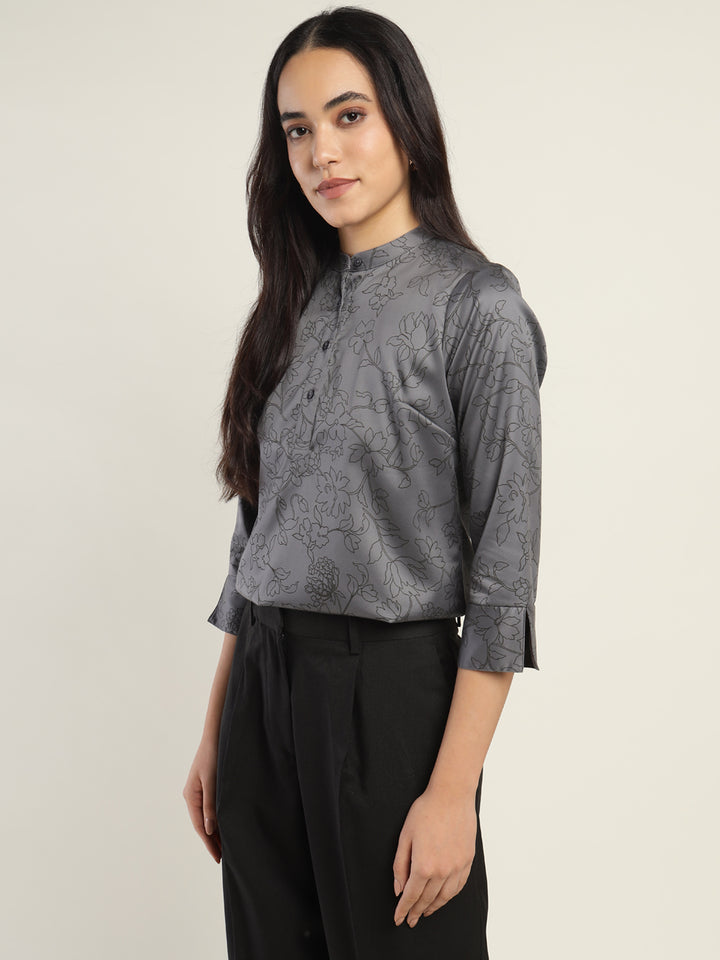 Hancock Women Grey Printed Pure Cotton Regular Fit Formal Top