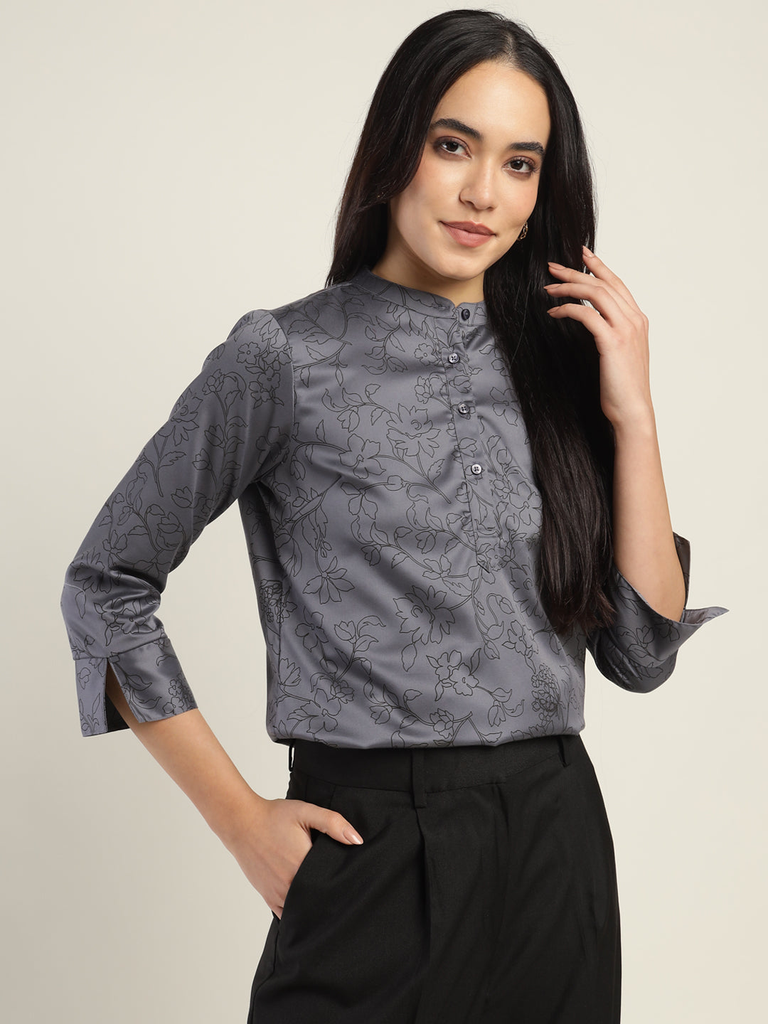 Hancock Women Grey Printed Pure Cotton Regular Fit Formal Top