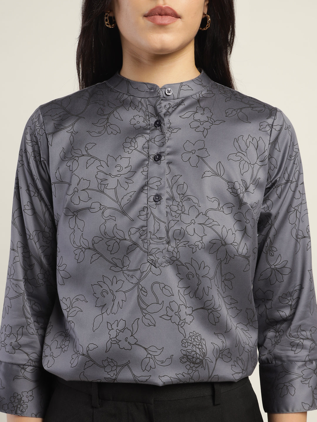 Hancock Women Grey Printed Pure Cotton Regular Fit Formal Top