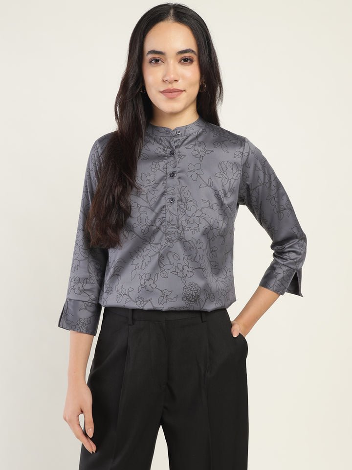 Hancock Women Grey Printed Pure Cotton Regular Fit Formal Top