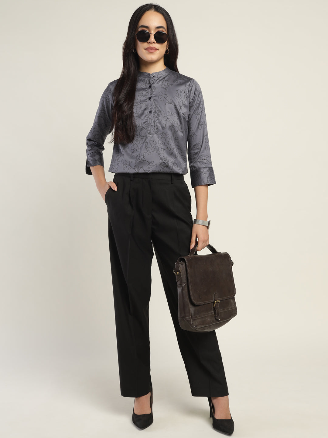 Hancock Women Grey Printed Pure Cotton Regular Fit Formal Top