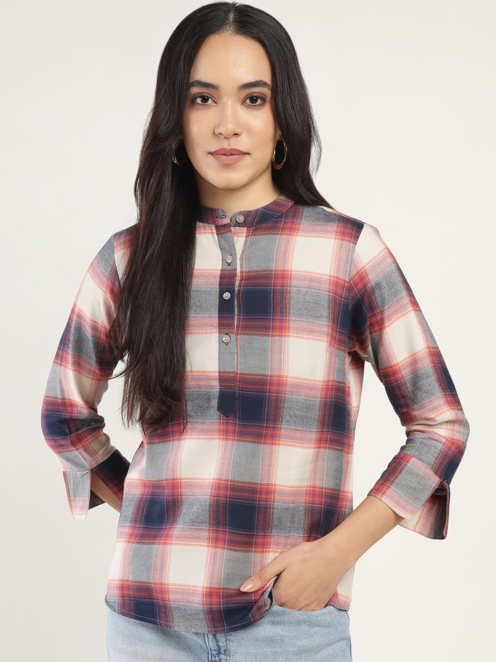 Hancock Women Beige & Navy Checked Pure Cotton Regular Fit Casual Top