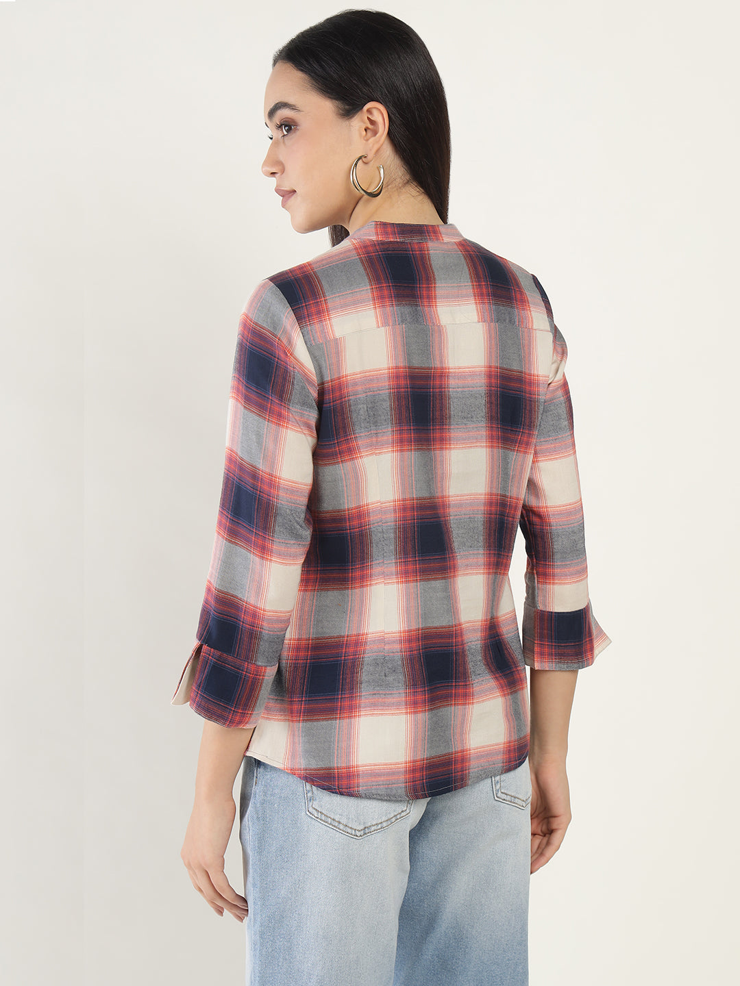 Hancock Women Beige & Navy Checked Pure Cotton Regular Fit Casual Top