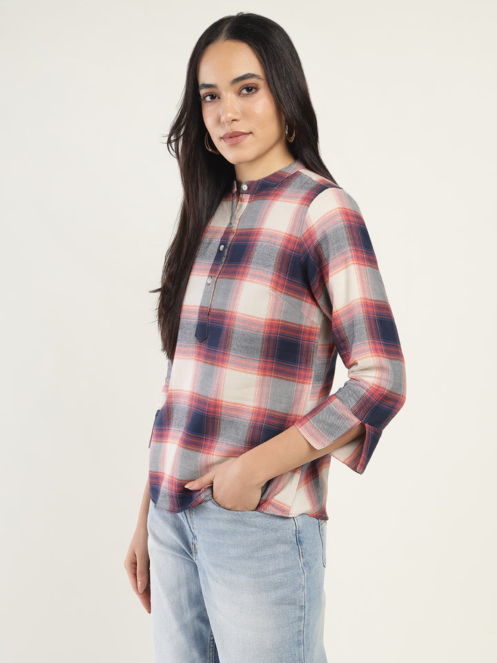 Hancock Women Beige & Navy Checked Pure Cotton Regular Fit Casual Top