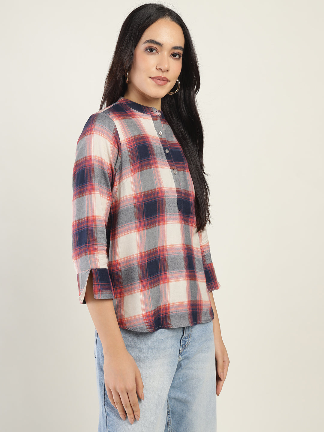 Hancock Women Beige & Navy Checked Pure Cotton Regular Fit Casual Top