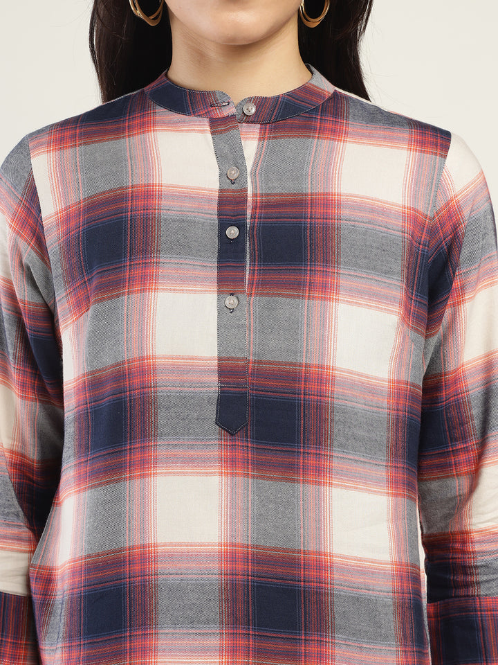 Hancock Women Beige & Navy Checked Pure Cotton Regular Fit Casual Top