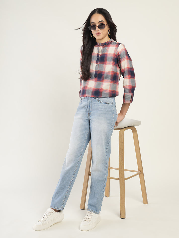 Hancock Women Beige & Navy Checked Pure Cotton Regular Fit Casual Top