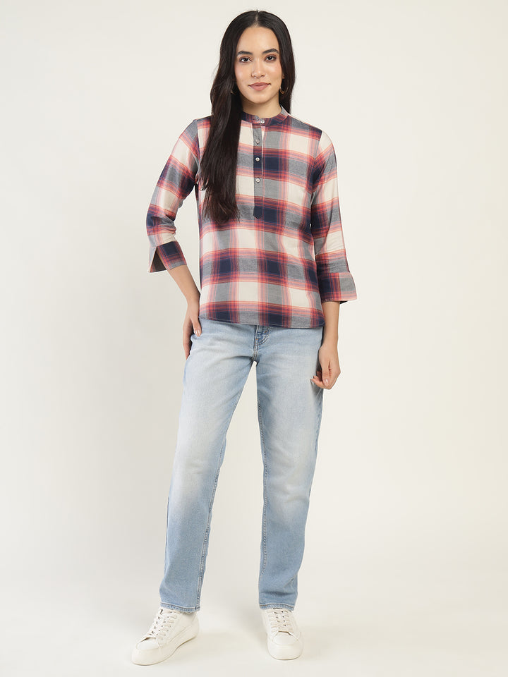 Hancock Women Beige & Navy Checked Pure Cotton Regular Fit Casual Top