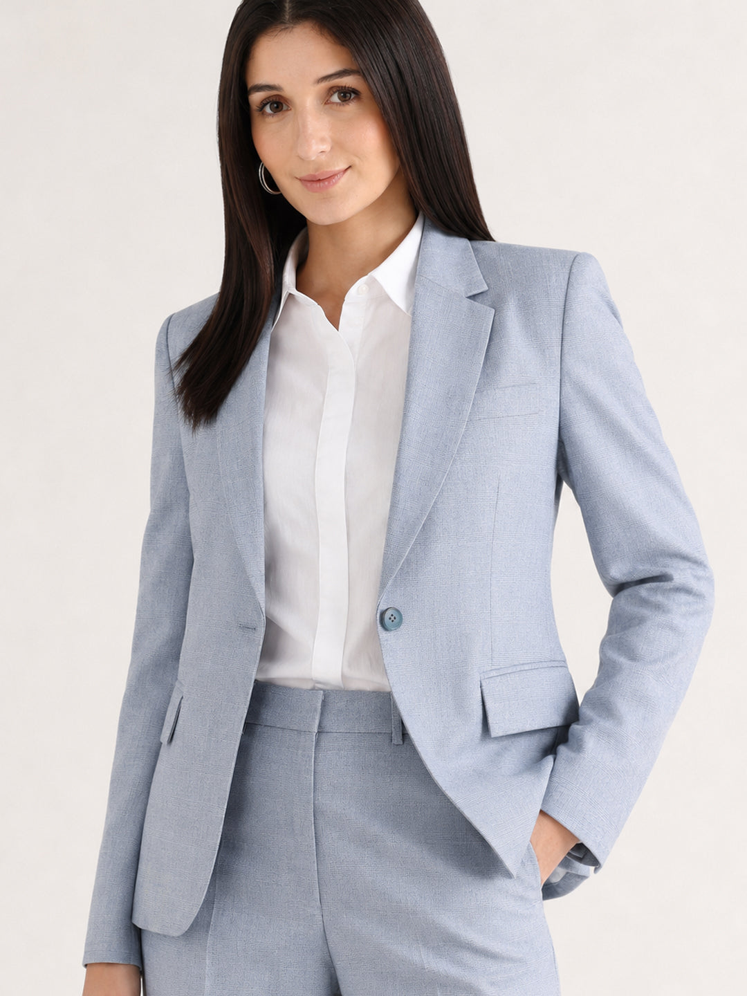Hancock   Women   Blue   Checks   Viscose Rayon   Slim Fit   Formal   Suit Set