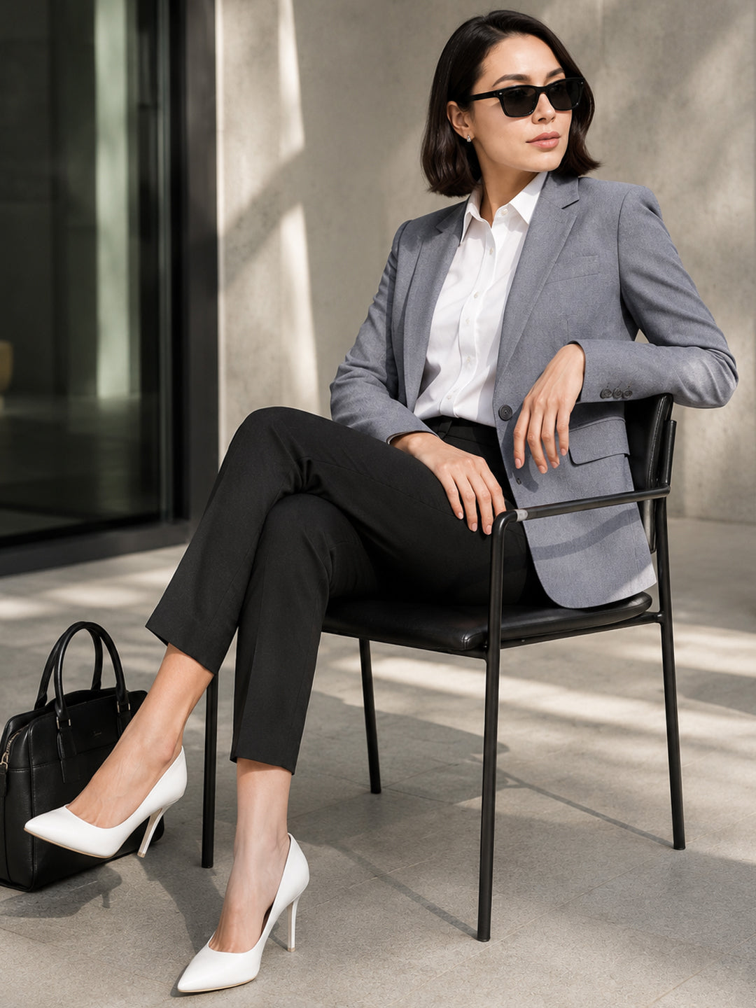 Hancock   Women   Bluish Grey & Black   Solids   Viscose Rayon   Slim Fit   Formal   Suit Set