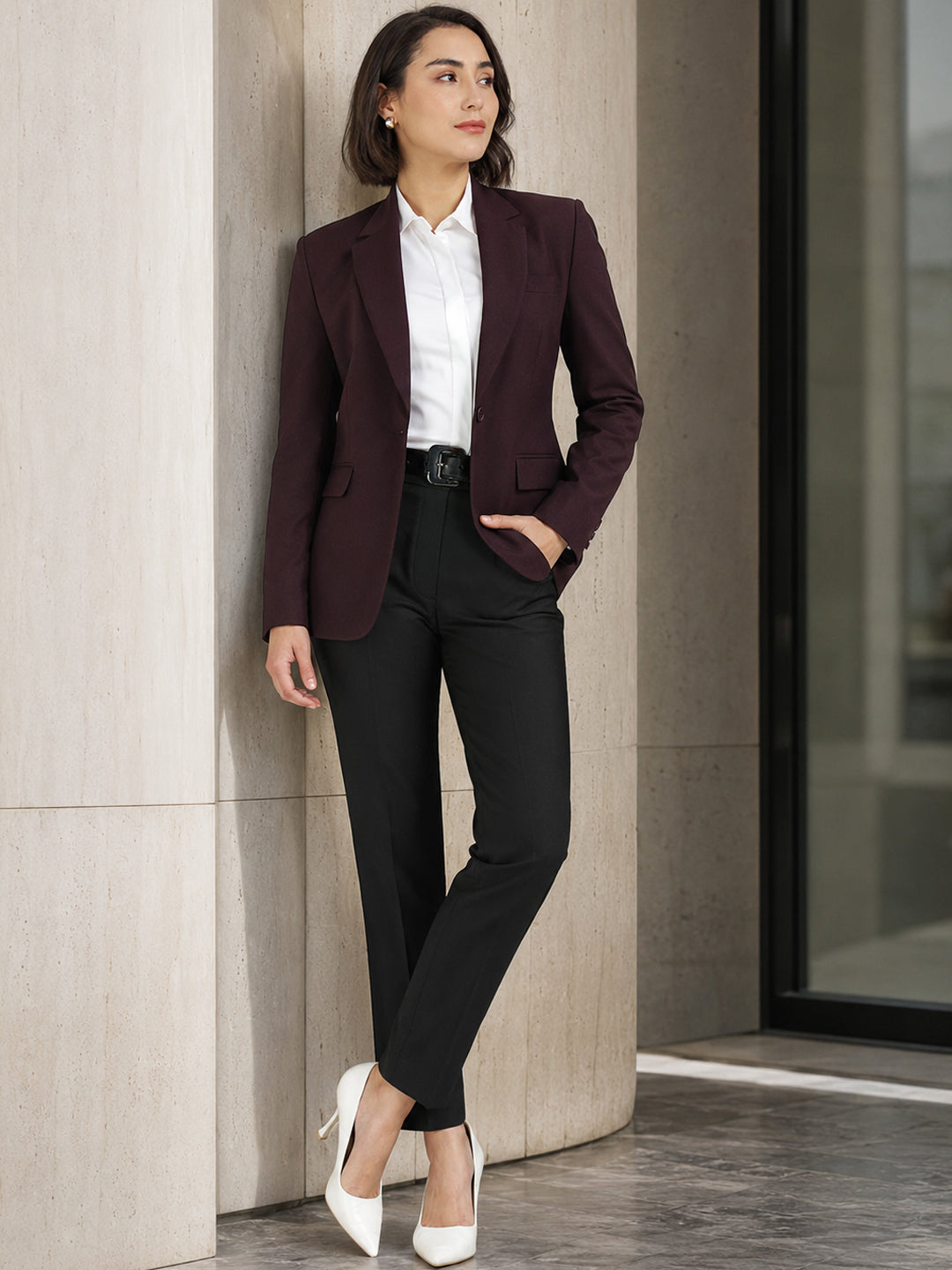 Hancock   Women   Burgundy & Black   Solids   Viscose Rayon   Slim Fit   Formal   Suit Set