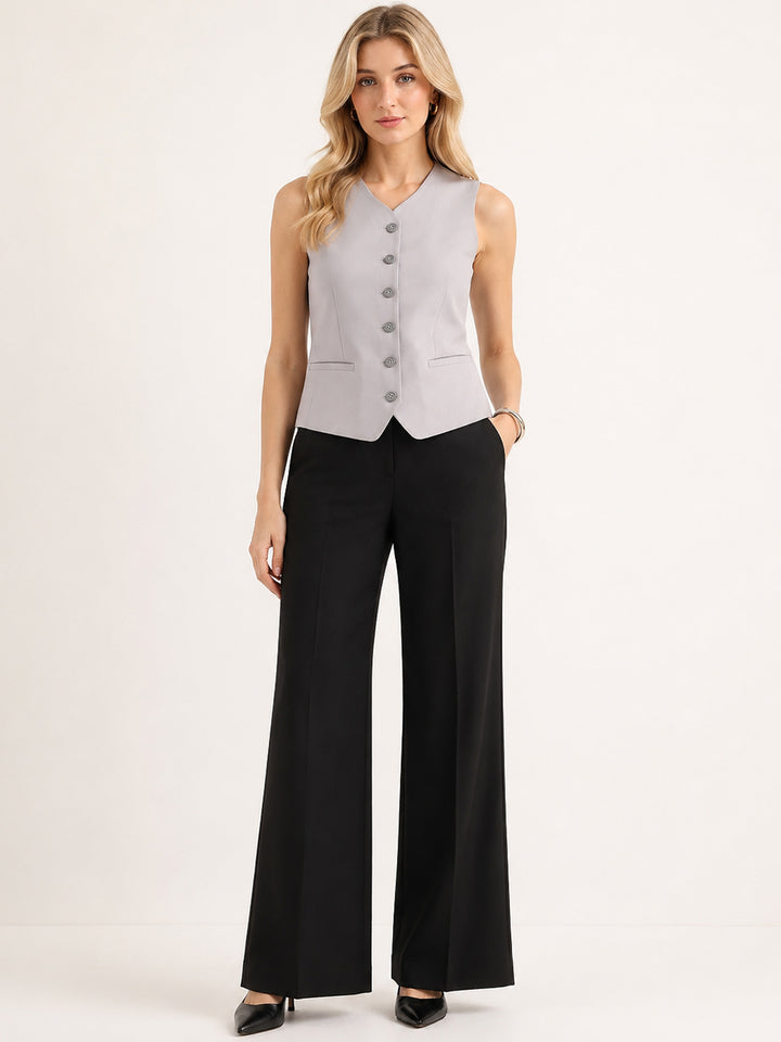Hancock   Women   Light Grey & Black   Solids   Viscose Rayon   Slim Fit   Formal   Suit Set