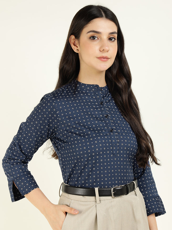Hancock Women Navy Blue Printed Pure Cotton Regular Fit Formal Top