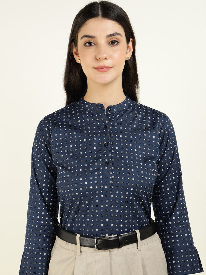 Hancock Women Navy Blue Printed Pure Cotton Regular Fit Formal Top