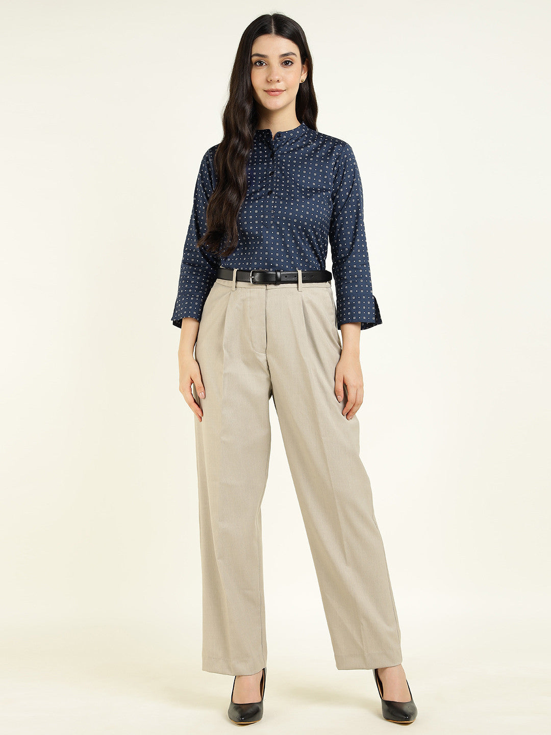 Hancock Women Navy Blue Printed Pure Cotton Regular Fit Formal Top