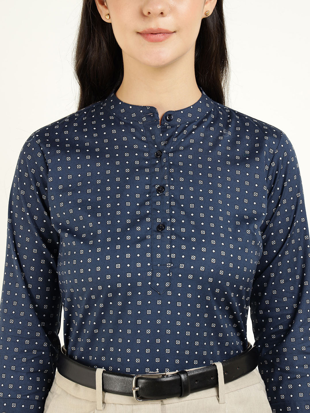 Hancock Women Navy Blue Printed Pure Cotton Regular Fit Formal Top