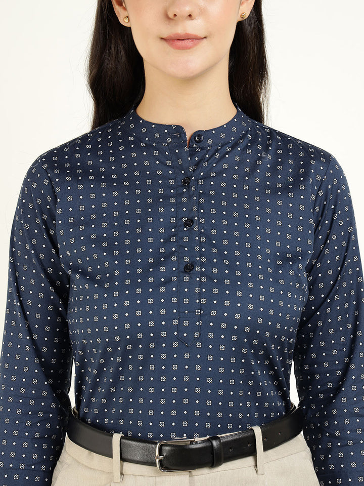 Hancock Women Navy Blue Printed Pure Cotton Regular Fit Formal Top