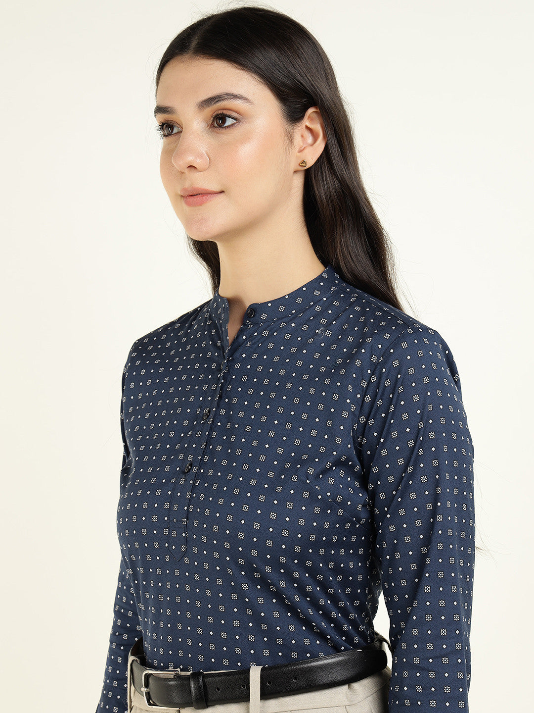 Hancock Women Navy Blue Printed Pure Cotton Regular Fit Formal Top