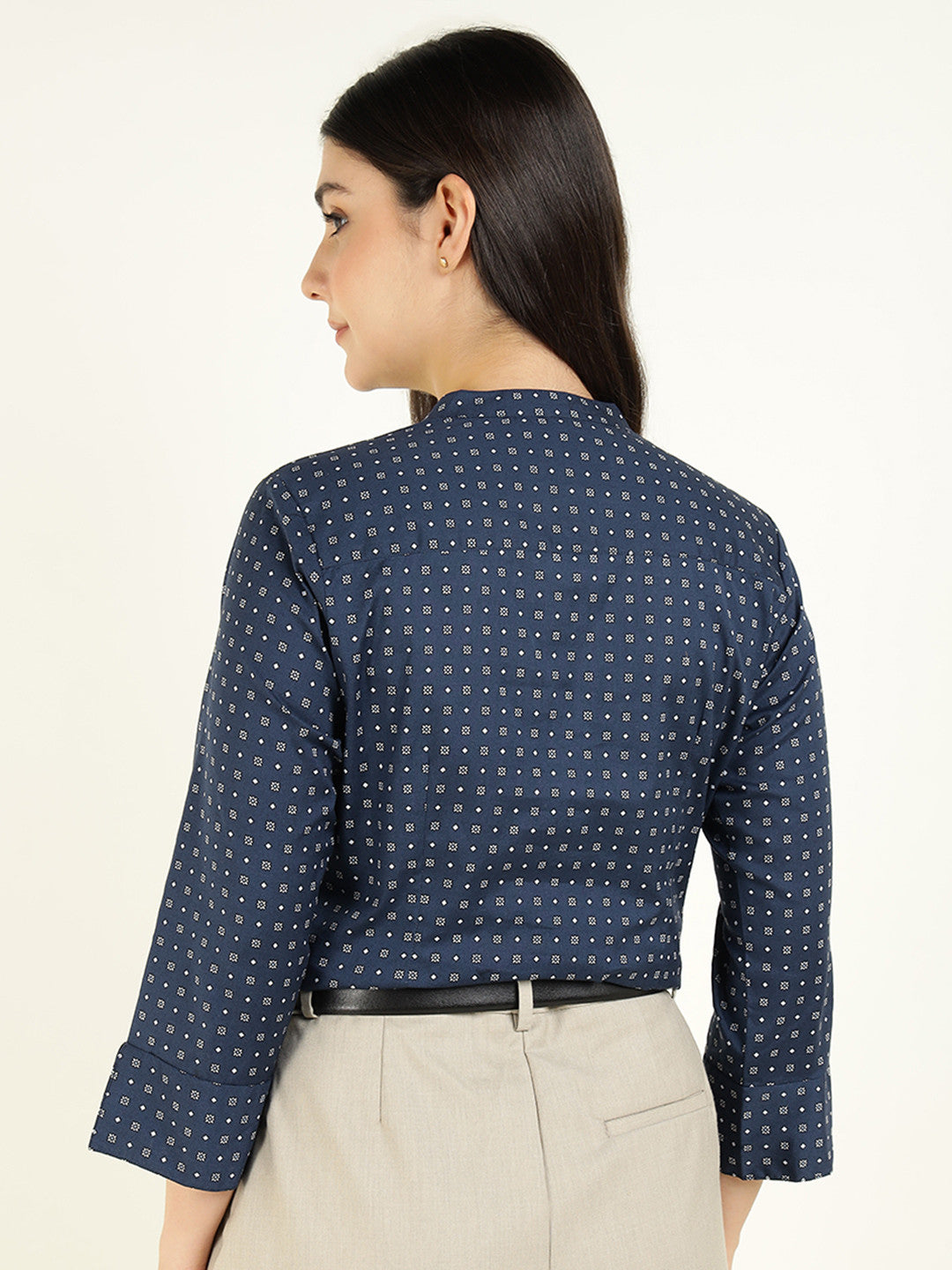 Hancock Women Navy Blue Printed Pure Cotton Regular Fit Formal Top