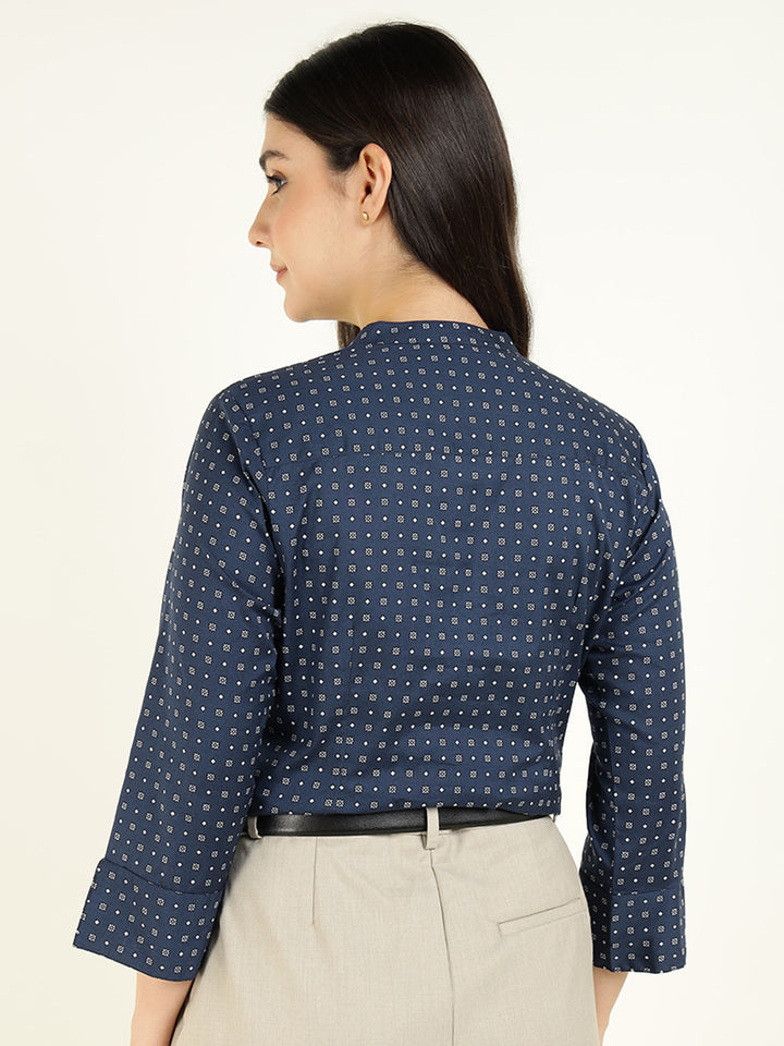 Hancock Women Navy Blue Printed Pure Cotton Regular Fit Formal Top