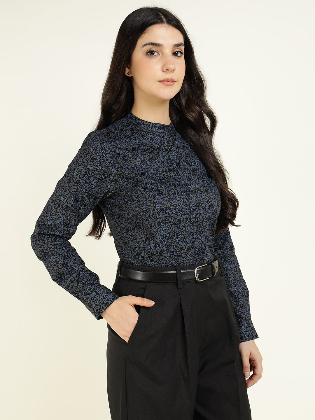 Hancock Women Black Printed Pure Cotton Regular Fit Formal Top