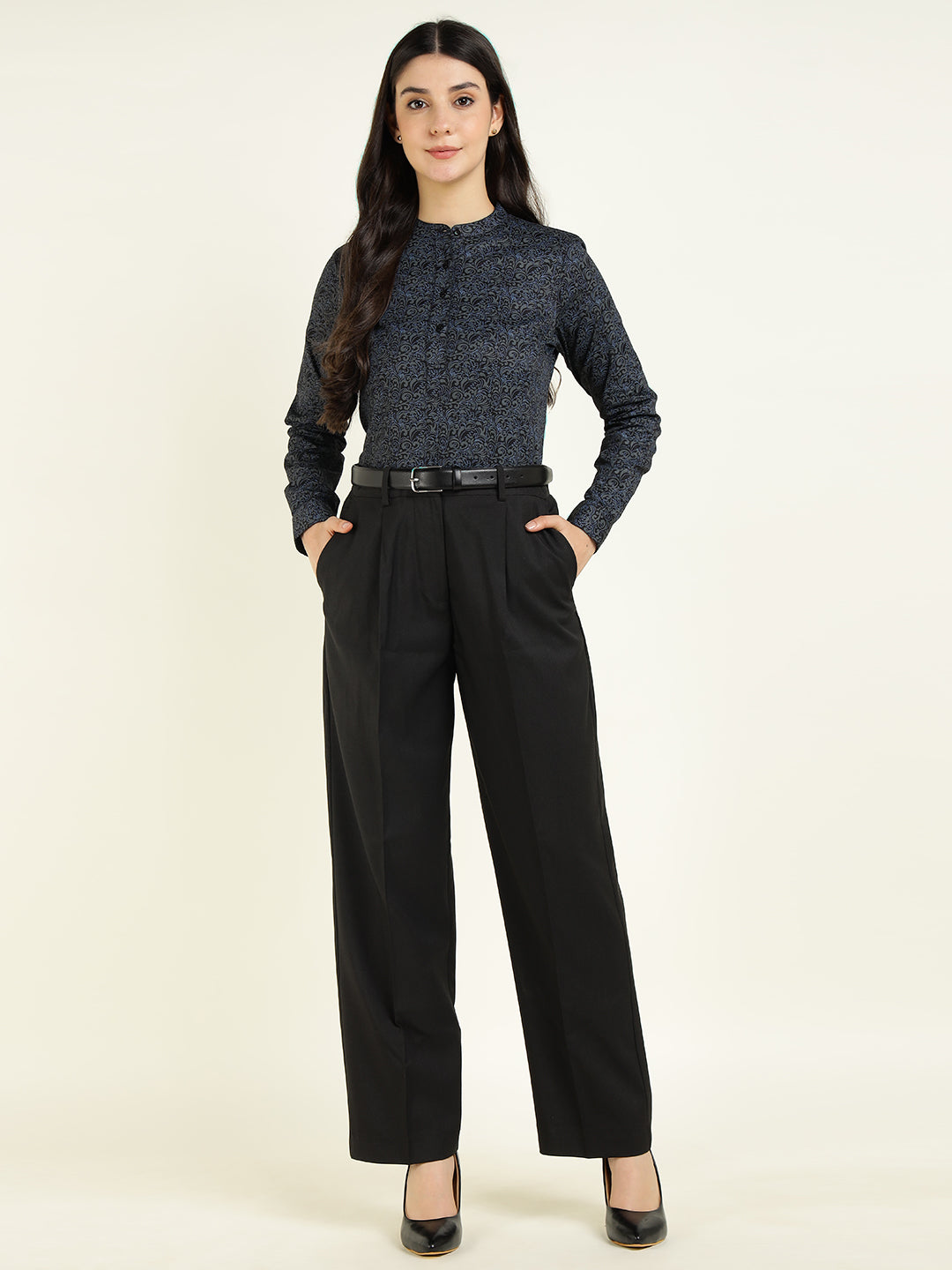 Hancock Women Black Printed Pure Cotton Regular Fit Formal Top