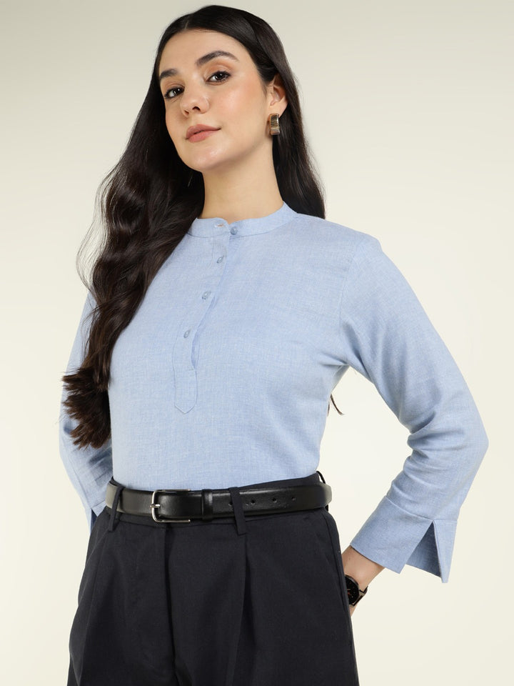 Hancock Women Blue Solid Pure Cotton Regular Fit Formal Top
