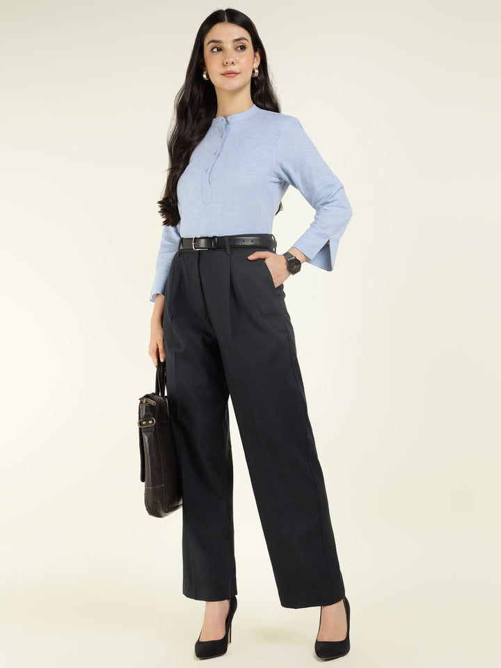 Hancock Women Blue Solid Pure Cotton Regular Fit Formal Top