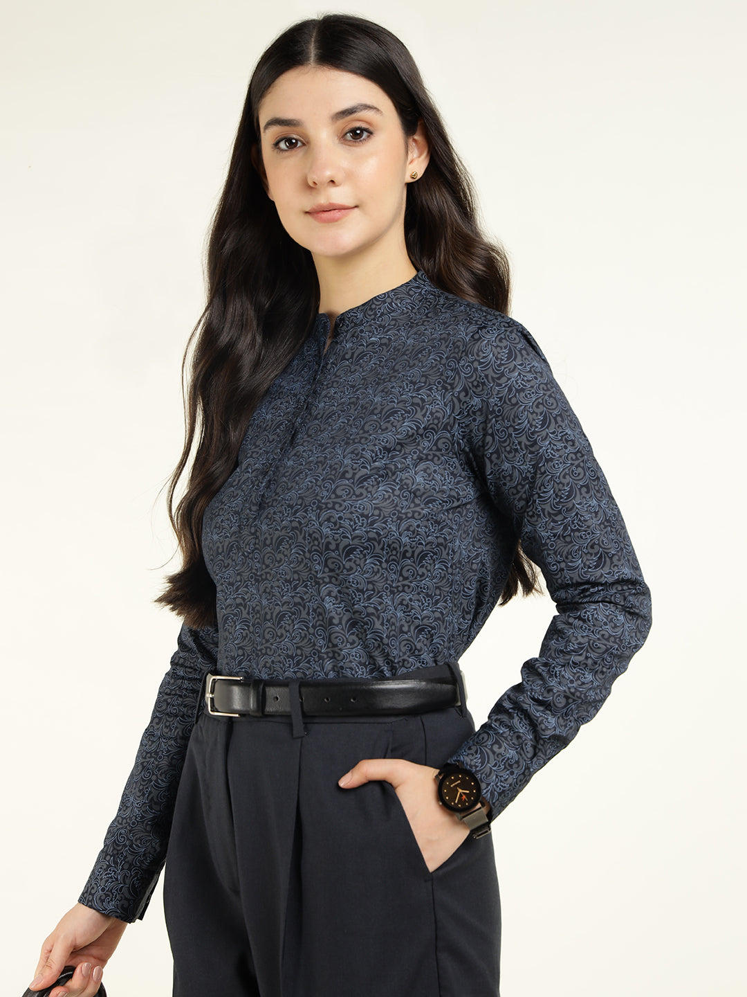 Hancock Women Navy Blue Printed Pure Cotton Regular Fit Formal Top