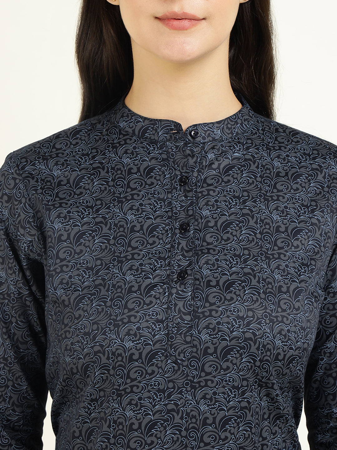 Hancock Women Navy Blue Printed Pure Cotton Regular Fit Formal Top