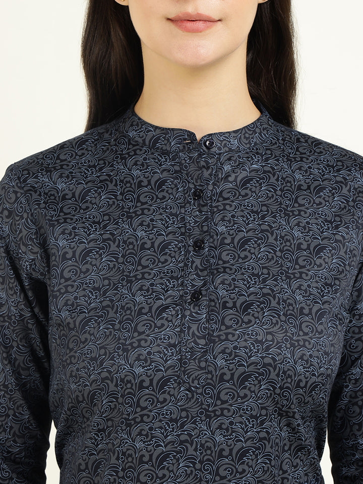 Hancock Women Navy Blue Printed Pure Cotton Regular Fit Formal Top