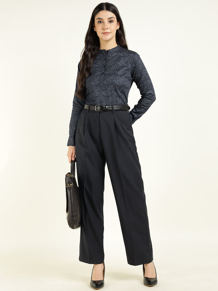 Hancock Women Navy Blue Printed Pure Cotton Regular Fit Formal Top