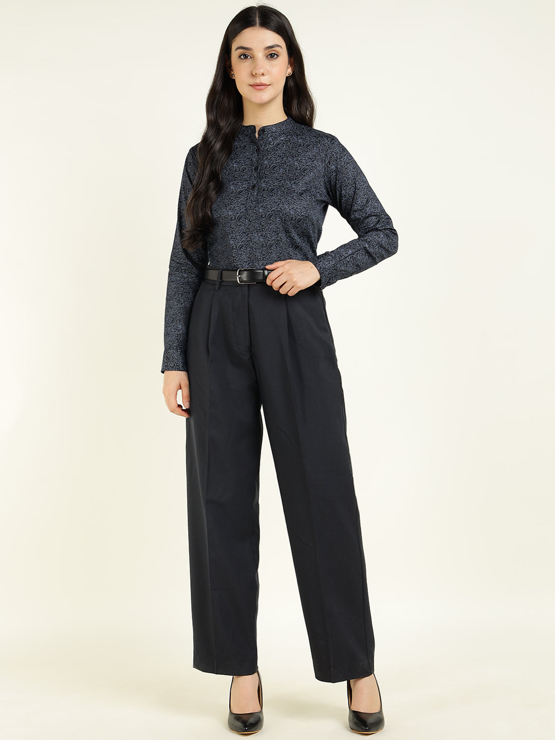 Hancock Women Navy Blue Printed Pure Cotton Regular Fit Formal Top