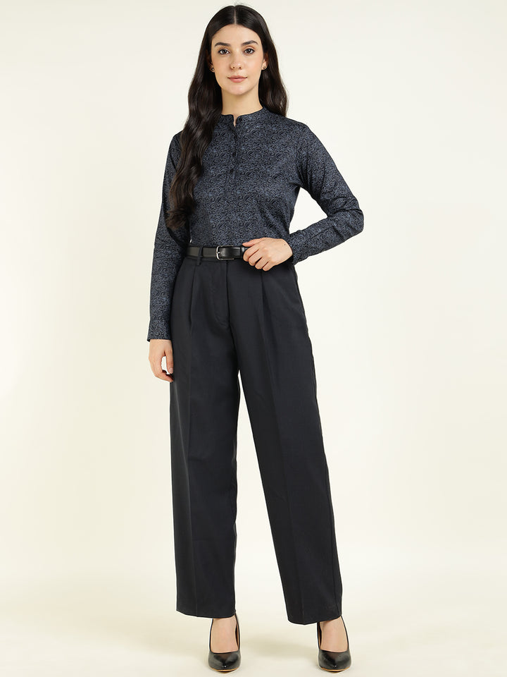 Hancock Women Navy Blue Printed Pure Cotton Regular Fit Formal Top