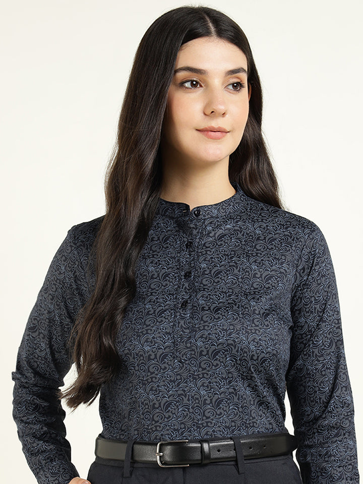 Hancock Women Navy Blue Printed Pure Cotton Regular Fit Formal Top
