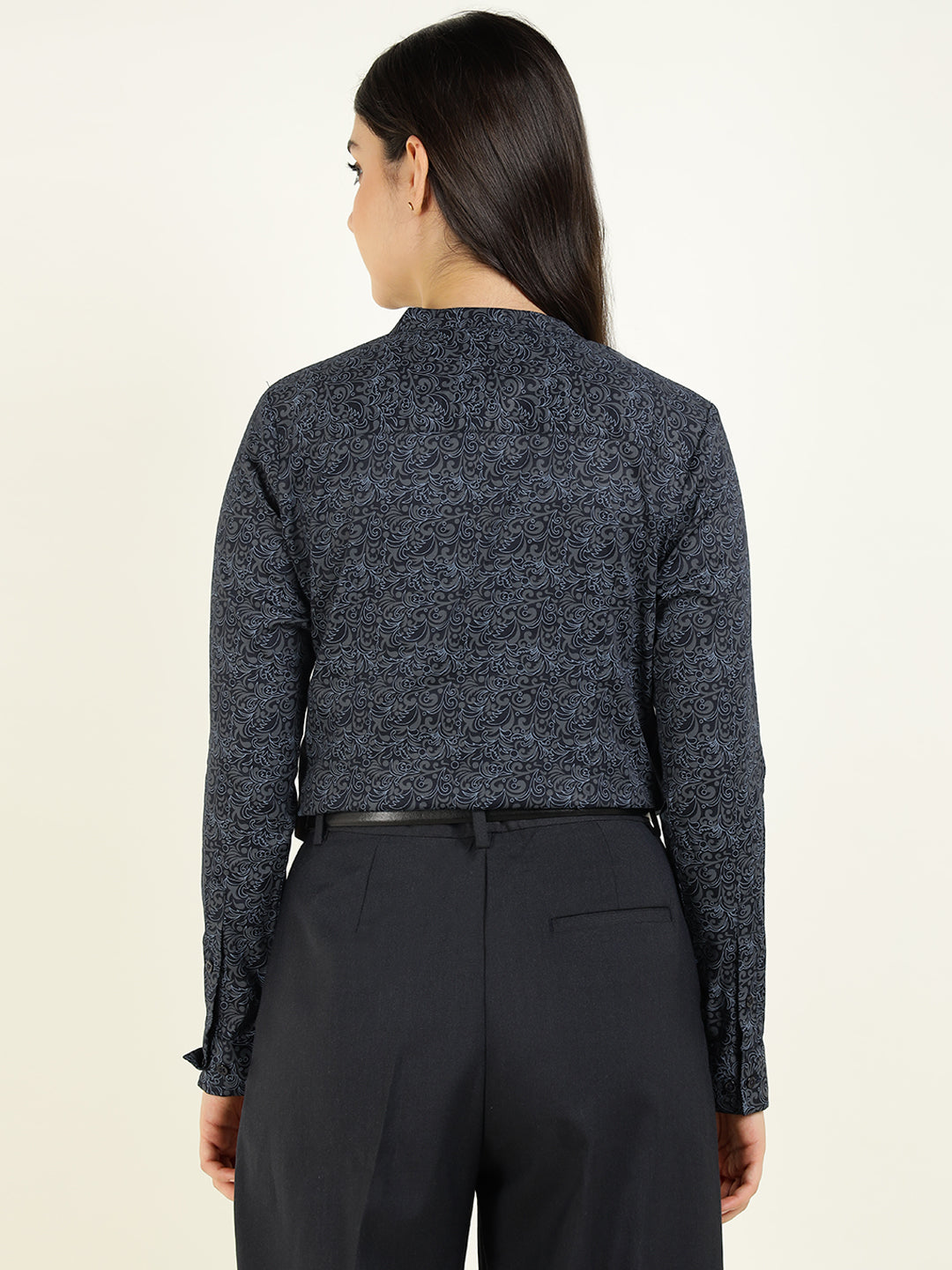 Hancock Women Navy Blue Printed Pure Cotton Regular Fit Formal Top