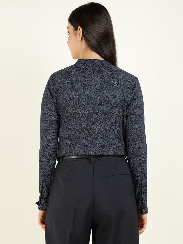 Hancock Women Navy Blue Printed Pure Cotton Regular Fit Formal Top