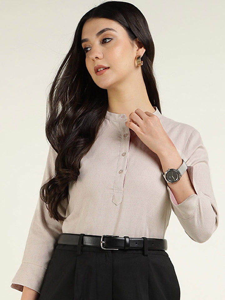 Hancock Women Beige Solid Pure Cotton Regular Fit Formal Top